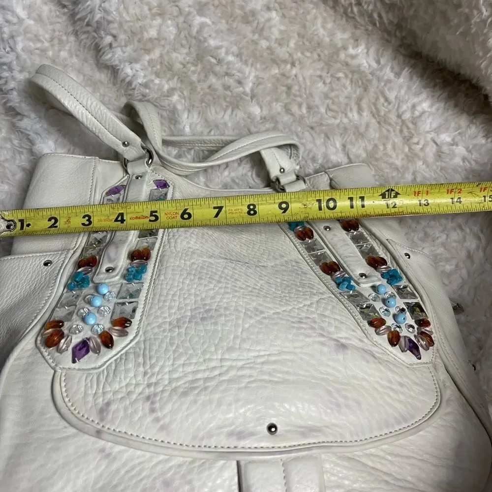 Cole Haan Sydney white leather large shoulder bag with multi color stones accent
